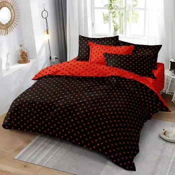 Povlečení Luxusní oboustranné povlečení DUO na 2 postele 140x200/70x90 cm – Puntíky černo - červené , 100% bavlna + prostěradlo ZDARMA !