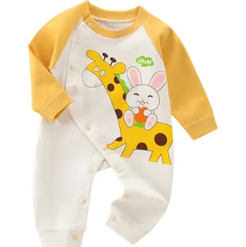 Dětská móda Bílý dětský overal pro novorozence Bavlněné body s dlouhým rukávem a potiskem žirafy Výstřih do V Zapínání na patenty Kojenecké oblečení 9-12 měsíců