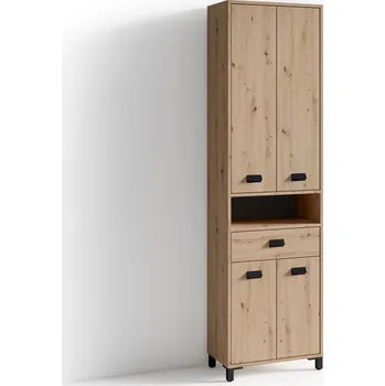 Koupelnový nábytek byLIVING Wellness vysoká skříňka v dubovém vzhledu s velkým úložným prostorem, s 1 otevřenou policí, 1 zásuvkou a 4 dvířky, černá rukojeť |