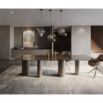 Jídelní stůl DELIFE Jídelní stůl Edge 300x100 keramika Laminam® Emperador Extra Lucidato tmavě hnědá pilíř kov efekt titan