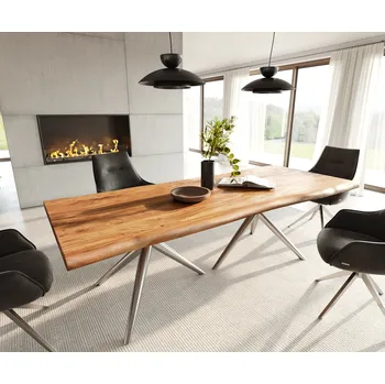 Jídelní stůl DELIFE Jídelní stůl Edge 240x100 akácie přírodní Estelar kulatý nerezová ocel Live-Edge