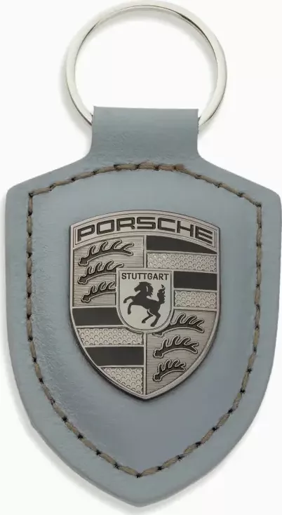 Porsche Crest Keyring Přívěsek na klíče s kroužkem a erbem v metalickém odstínu šedé turbonite (Exkluzivní klíčenka z pravé kůže s nezaměnitelným erbem Porsche.)