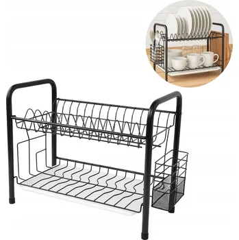 Odkapávač na nádobí VOLNĚ STOJÍCÍ SUŠÁK NA NÁDOBÍ KOVOVÝ ČERNÝ DVOUÚROVŇOVÝ NA TALÍŘE A PŘÍBORY