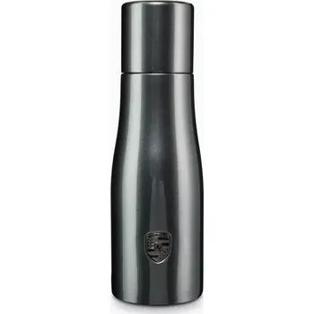 PORSCHE Thermally insulated bottle Termo láhev dvoustěnná šedá metalíza (Tepelně izolovaná láhev Porsche z nerezové oceli s víčkem ve tvaru kelímku a exkluzivním erbem v barvě Turbonite.)
