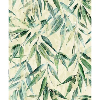 Tapeta Vinylová tapeta na zeď s motivem listů, odstíny žluté, bílé a zelené