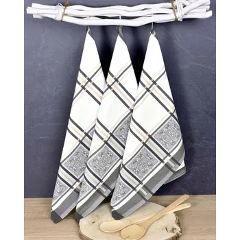 Utěrka Kuchyňské utěrky EGYPTSKÁ BAVLNA SOLE GREY, šedo-bílé káro s ornamenty, 3 k