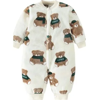 Kojenecký overall Zimní a jarní kojenecký overal pro miminka Bílý plyšový flanelový overal se vzorem medvědů Měkké dětské oblečení z polyesteru pro chlapce i dívky 0-3 měsíce