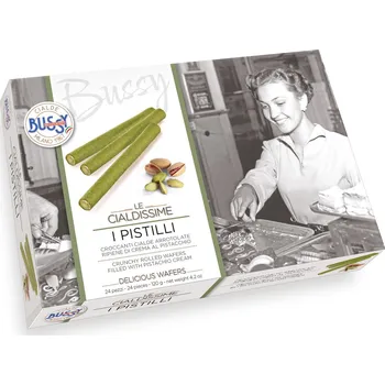 Jedlá dekorace na dort BUSSY srl BUSSY CIALDISSIME I PISTILLI - VAFLOVÉ TRUBIČKY PLNĚNÉ PISTÁCIOVÝM KRÉMEM 24ks