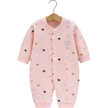 Kojenecký overall Bavlněné body s dlouhým rukávem a korunkovým vzorem Růžový dětský overal pro novorozence Výstřih do V Zapínání na patenty 0-3 měsíce