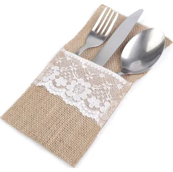 Svatební dekorace Jutová kapsa na příbory s krajkou 10cm x 21 cm 5ks/bal - přírodní/bílá