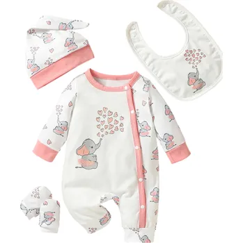 Kojenecký overall 4dílný dětský overal se zvířecím potiskem Dlouhý rukáv Kulatý výstřih Overal s knoflíky Bryndák Čepice Rukavice Bavlna Polyester Elastan 1-3 měsíce