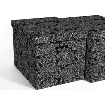 Úložný box Dekorativní krabice černá krajka XL úložný box, velikost 42x32x32cm (Krabice Erkar je vyrobena z pevné lepenky a hodí se ideálně k přechovávání různých předmětů jako je oblečení, hračky, knihy a jiné drobnosti. Díky dekorativnímu potisku může být na očích