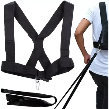 Postroj pro cvičení se zátěží, fitness šle (Materiál: nylon, kov Nastavení hrudního pásu Polstrovaná ramena Kovová rukojeť s karabinou na hrudním popruhu Zátěžové popruhy s poutky na opasek na koncích Maximální pevnost: 90 kg Případ Postroj je nejvhodnějš
