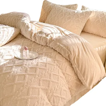 Povlečení SADA POVLEČENÍ Z PLYŠOVÉHO FLEECU 160x200 + 2x 70x80 ECRU TEPLÁ MĚKKÁ