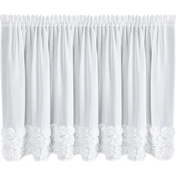 Záclona bílá vitrážová záclona 150x90 s ozdobným pásem růží a páskou