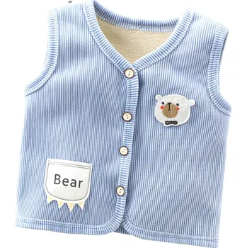 Dívčí vesta Dětská vesta s podšívkou Podzimní a zimní teplá bunda pro chlapce i dívky Sametová vesta s knoflíky a kapsou s výšivkou bear a obrázkem medvídka modrá 6-9 měsíců