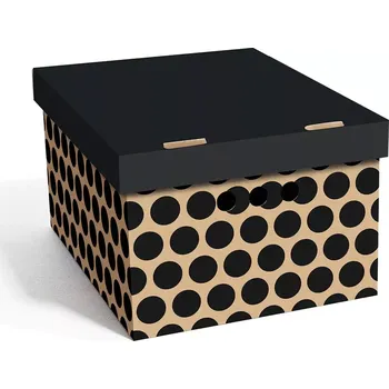 Úložný box Dekorativní krabice černé tečky A4 úložný box, velikost 33x25x18cm (Krabice Global Home je vyrobena z pevné lepenky a hodí se ideálně k přechovávání různých předmětů jako je oblečení, hračky, knihy a jiné drobnosti. Díky dekorativnímu potisku může být na 