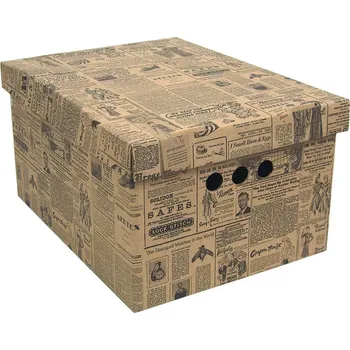 Úložný box Dekorativní krabice Staré noviny A4, úložný box s víkem, vel. 33x25x18cm (Výrobce: Global-Pak. Box je vyroben z pevné lepenky a hodí se ideálně k přechovávání různých předmětů jako je oblečení, hračky, knihy a jiné drobnosti. Díky dekorativnímu potisku mů