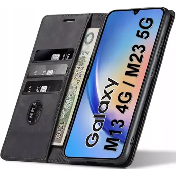 Pouzdro na mobilní telefon Samsung Galaxy M13 4G / M23 5G, Stylové magnetické flipové pouzdro s klopkou sheep skin z měkké ovčí kůže (LEATHER / Z MĚKKÉ OVČÍ KŮŽE. Stylové flipové pouzdro z eko kůže pro Samsung M13 4G / M23 5G. Magnetické zavírání, kapsy na karty, stojánek a úplná o