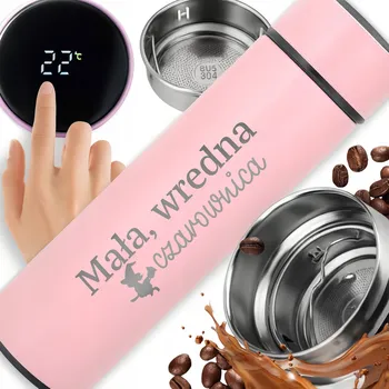 TERMOHRNEK S LED DISPLEJEM S GRAVÍROVÁNÍM GRAVÍROU RŮŽOVÁ DÁREK PLNÁ TERMOSKA