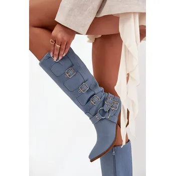 Dámské kozačky Kozačky Kovbojky na podpatku s přezkami Fivelle Barva: Modrá, Velikost: 38