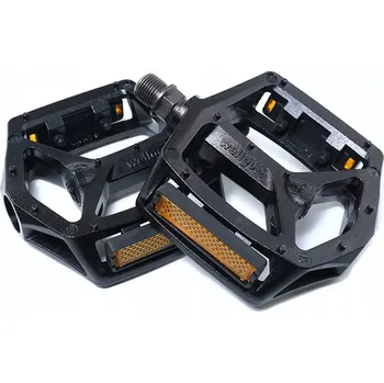 Pedál na kolo Hliníkové BMX / MTB pedály na kolo, sada pedálů (Hliníkové pedály Wellgo, určené pro černá BMX / MTB kola. Postaveno na ocelové ose 9/16 palce a kuličkových ložiskách. Vybaveno odrazkami pro zvýšení bezpečnosti silničního provozu. Mají rozměry 110 x 100 m