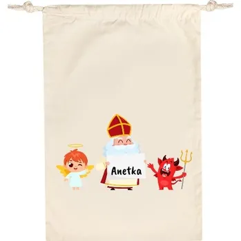 Vánoční dekorace Bavlněný pytlík s potiskem Veselý Mikuláš, čert a anděl se jménem dítěte