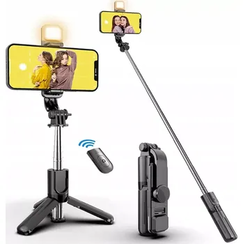 Selfie tyč TELEFONNÍ DRŽITEL, SELFIE TYČ, tripod, stativ LED (✔️ LED světlo, světlo s 8 LED je vestavěno do selfie tyče, teplé - studené světlo 6 režimů ✔️ Vestavěný stativ zajišťuje stabilitu a umožňuje fotografovat ze vzdálenosti až 73 centimetrů. ✔️ Dálkové ovlád