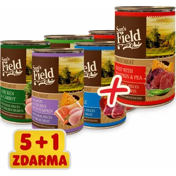Krmivo pro psa Sam's Field True Meat Mix, hovězí s dýní a hrachem, kuřecí s mrkví, jehněčí s jablky, losos s dýní, kuřecí a telecí s mrkví 6× 400 g