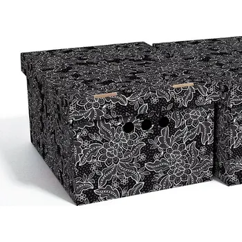 Úložný box Dekorativní krabice černá krajka A4 úložný box, velikost 33x25x18cm (Krabice Global Home je vyrobena z pevné lepenky a hodí se ideálně k přechovávání různých předmětů jako je oblečení, hračky, knihy a jiné drobnosti. Díky dekorativnímu potisku může být na