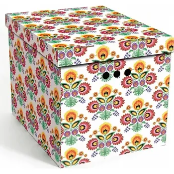 Úložný box Dekorativní krabice Květiny Lowicz XL, úložný box s víkem, vel. 42x32x32cm (Výrobce: Erkar. Box je vyroben z pevné lepenky a hodí se ideálně k přechovávání různých předmětů jako je oblečení, hračky, knihy a jiné drobnosti. Díky dekorativnímu potisku může