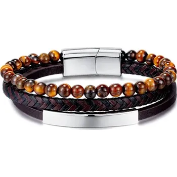 Náramek Daniel Dawson Pánský náramek Matteo - 6 mm tygří oko, ocel, kůže NR2263-L20292/23 Hnědá 23 cm