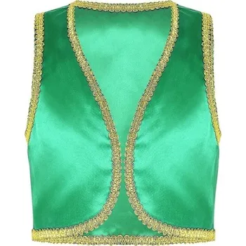 Chlapecké oblečení Dětský kostým arabského prince Zlatá džinová vesta pro chlapce Otevřená vesta se zlatým lemem Cosplay párty a Halloweenský kostým z polyesteru zelená 12
