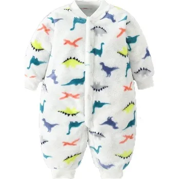 Kojenecký overall Zimní a jarní kojenecký overal pro miminka Bílý plyšový flanelový overal se vzorem dinosaurů Měkké dětské oblečení z polyesteru pro chlapce i dívky 0-3 měsíce