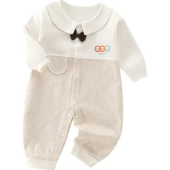 Kojenecký overall Bavlněné body s dlouhým rukávem a potiskem smajlíků Bílobéžový dětský overal pro novorozence Výstřih do V Zapínání na patenty 3-6 měsíců