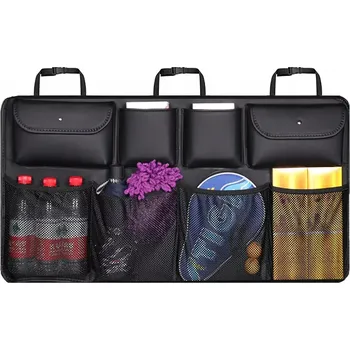 Úložný box VELKÝ ORGANIZÁTOR kufru auta Z EKO KŮŽE S 8 KAPSAMI (Organizér do kufru auta namontovaný na opěradla v kufru auta, díky kterému se postaráte o pořádek ve svém autě. Organizér je vybaven 8 velkými kapsami, včetně dvou uzavíratelných na patentku. Bez problé