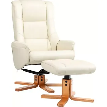 Křeslo NoBi Křeslo relaxační, otočné, s podnožkou, dřevo světlé, ekokůže bílá, LERATO