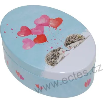 Dóza na potraviny HEDGEHOGS IN LOVE světle modrá plechová dóza oválek 3327 roztomilí zamilovaní ježci a červená srdíčka