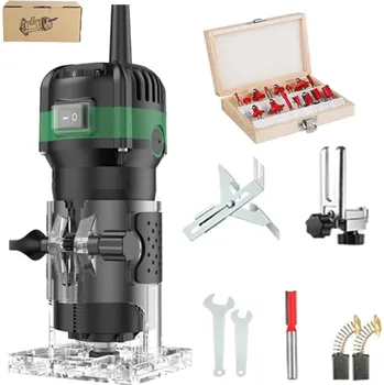 Příslušenství k frézce Elektrická horní frézka 800W 6 rychlostí 33000 ot/min s vodicími kolečky a 15dílnou sadou fréz v dřevěném boxu pro práci se dřevem