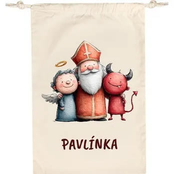 Vánoční dekorace T-shock Bavlněný pytlík s potiskem Mikuláš, čert a anděl se jménem dítěte