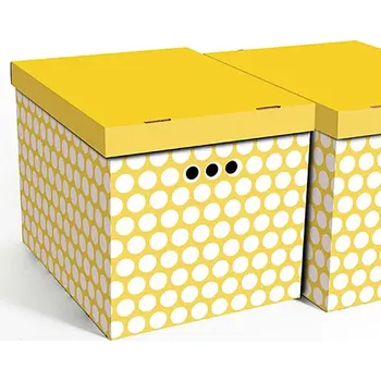 Úložný box Dekorativní krabice bílé tečky / žluté pozadí XL úložný box, velikost 42x32x32cm (Krabice Erkar je vyrobena z pevné lepenky a hodí se ideálně k přechovávání různých předmětů jako je oblečení, hračky, knihy a jiné drobnosti. Díky dekorativnímu potisku může