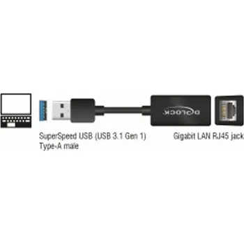USB hub DeLOCK USB 3.2 Gen 1 adaptér, USB-A samec > RJ-45 samice