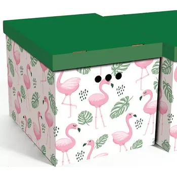Úložný box Dekorativní krabice Plameňáci a listy XL úložný box, velikost 42x32x32cm (Krabice Erkar je vyrobena z pevné lepenky a hodí se ideálně k přechovávání různých předmětů jako je oblečení, hračky, knihy a jiné drobnosti. Díky dekorativnímu potisku může být na 