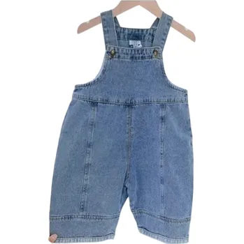Dětský overall Dětský džínový overal z bavlny a spandexu Volný střih Podzimní ležérní overal pro dívky i chlapce Modrý jednobarevný overal na knoflíky 4