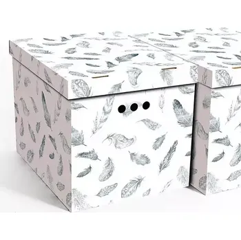 Úložný box Dekorativní krabice Peří XL, úložný box s víkem, vel. 42x32x32cm (Výrobce: Erkar. Box je vyroben z pevné lepenky a hodí se ideálně k přechovávání různých předmětů jako je oblečení, hračky, knihy a jiné drobnosti. Díky dekorativnímu potisku může být na očí