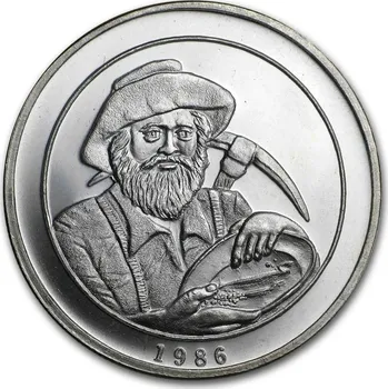 Stříbrná mince 1 oz z roku 1986, kulatá - Prospector (Kalifornská mincovní asociace)