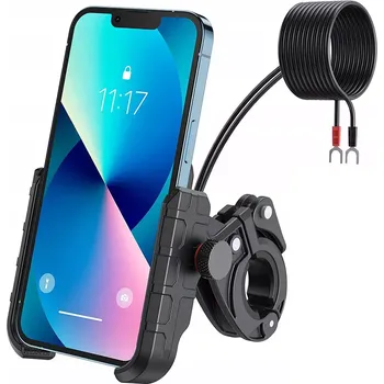 Motocyklový držák na telefon s nabíječkou usb 12/24v + usb kabel 20cm (Výhodou držáku je vodotěsný USB port pro rychlé nabíjení QC3.0, díky kterému se váš telefon nikdy nevybije během cesty. Držák je vybaven vypínačem ON/OFF a kabelem o délce 150 cm s očk