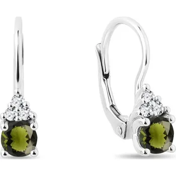 Náušnice Visací náušnice s vltavínem a brilianty v bílém zlatě KLENOTA