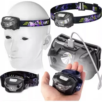 Čelovka ČELNÍ SVÍTIDLO NA HLAVU S AKUMULÁTOREM A LED LAMPĚ USB, 5 REŽIMŮ (Bílé světlo (Plný výkon): Silné, jasné bílé světlo, které poskytuje maximální viditelnost ve tmě. Bílé světlo (Střední výkon): Střední intenzita světla, ideální pro každodenní činnosti a os