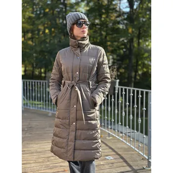 Dámský kabát Green Goose 739845 olivově zelená dlouhá s páskem M